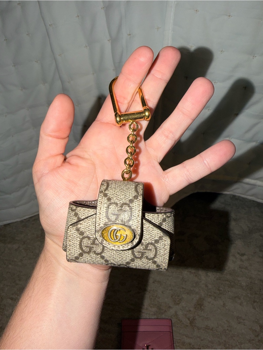 Gucci Beige GG Supreme Mini Keychain Case with Gold Hardware
